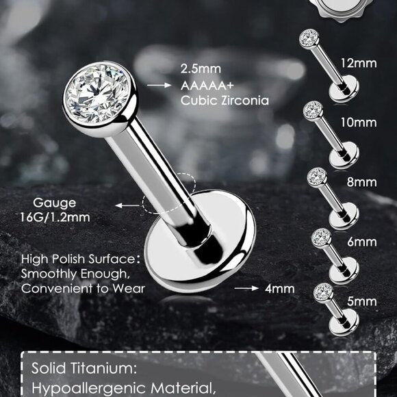 2Pcs 20G/18G/16G G23 Titanium Threadless Nose Stud Earrings Flat Back Tiny CZ Sm - Picture 3 of 9